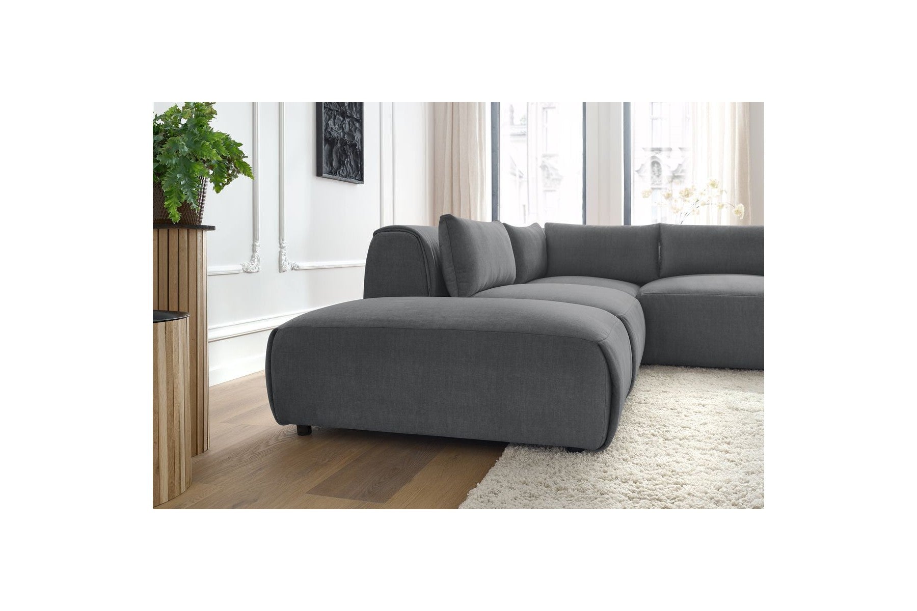 Jeanne - Canapé D'Angle Fixe Modulable - Tissu Velours Avec 2 Chauffeuses, 1 Angle Et 2 Poufs