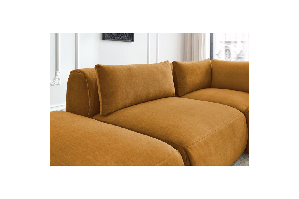 Jeanne - Canapé D'Angle Fixe Modulable - Tissu Velours Avec 2 Chauffeuses, 1 Angle Et 2 Poufs