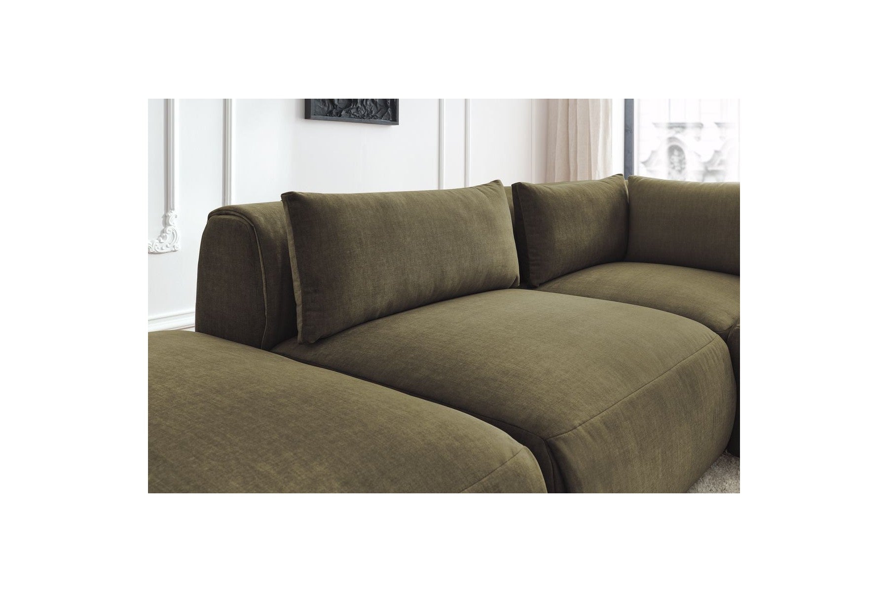 Jeanne - Canapé D'Angle Fixe Modulable - Tissu Velours Avec 2 Chauffeuses, 1 Angle Et 2 Poufs