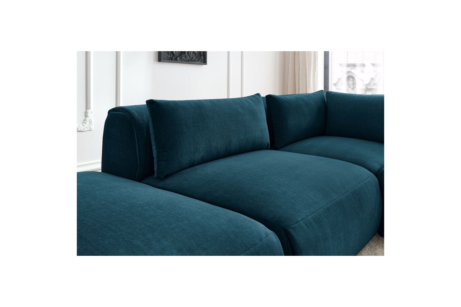 Jeanne - Canapé D'Angle Fixe Modulable - Tissu Velours Avec 2 Chauffeuses, 1 Angle Et 2 Poufs