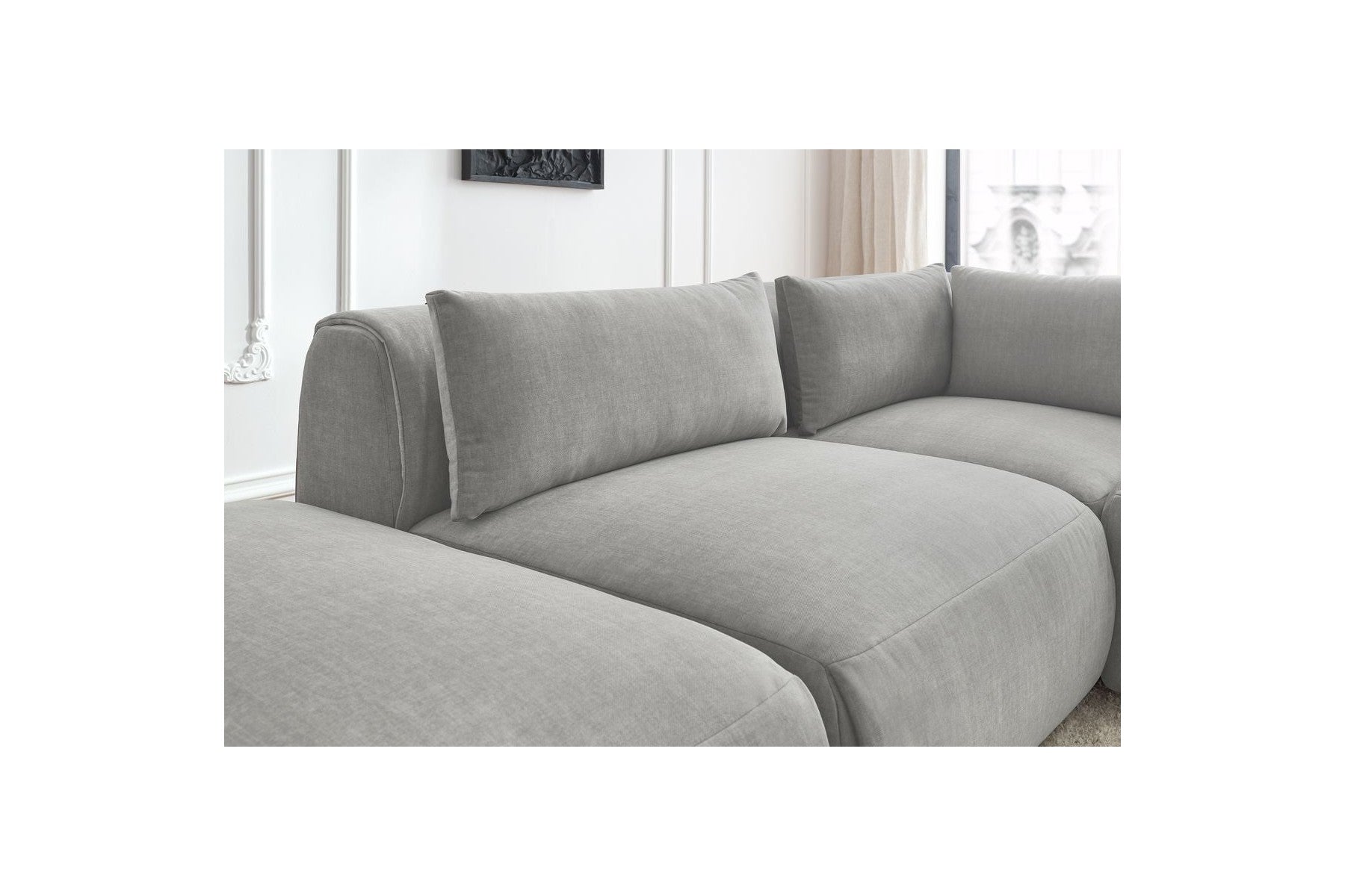 Jeanne - Canapé D'Angle Fixe Modulable - Tissu Velours Avec 2 Chauffeuses, 1 Angle Et 2 Poufs