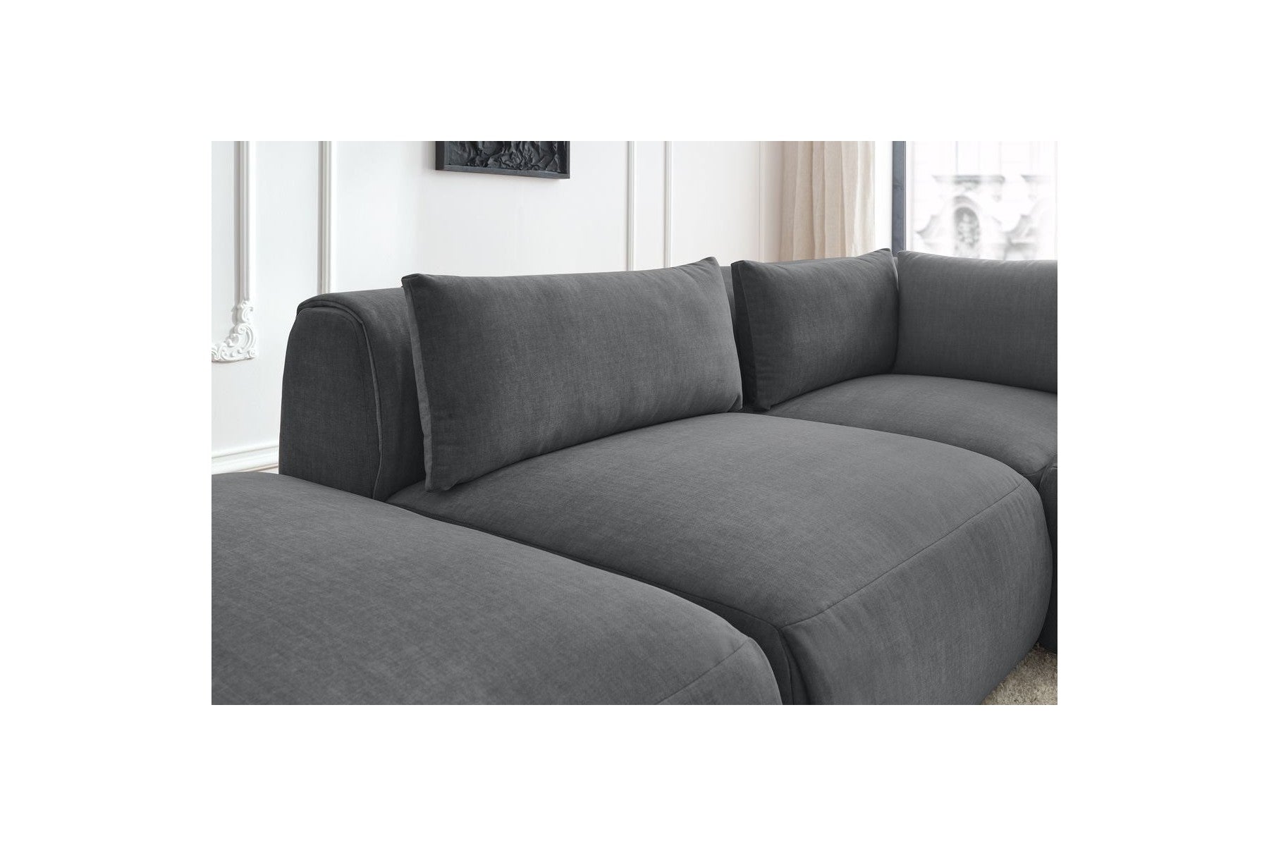 Jeanne - Canapé D'Angle Fixe Modulable - Tissu Velours Avec 2 Chauffeuses, 1 Angle Et 2 Poufs