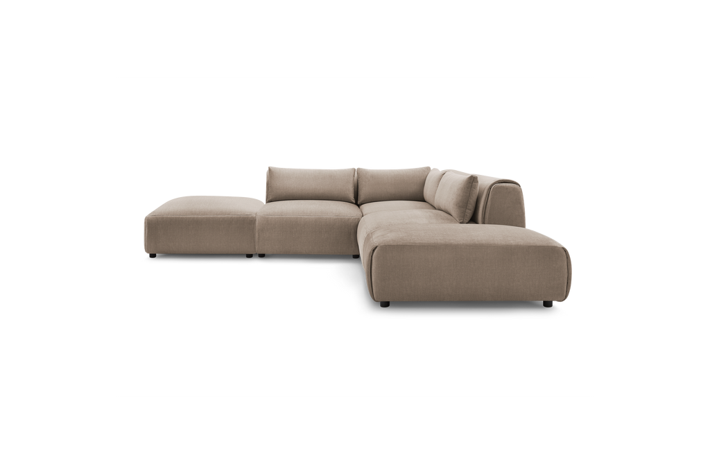 Jeanne - Canapé D'Angle Fixe Modulable - Tissu Velours Avec 2 Chauffeuses, 1 Angle Et 2 Poufs