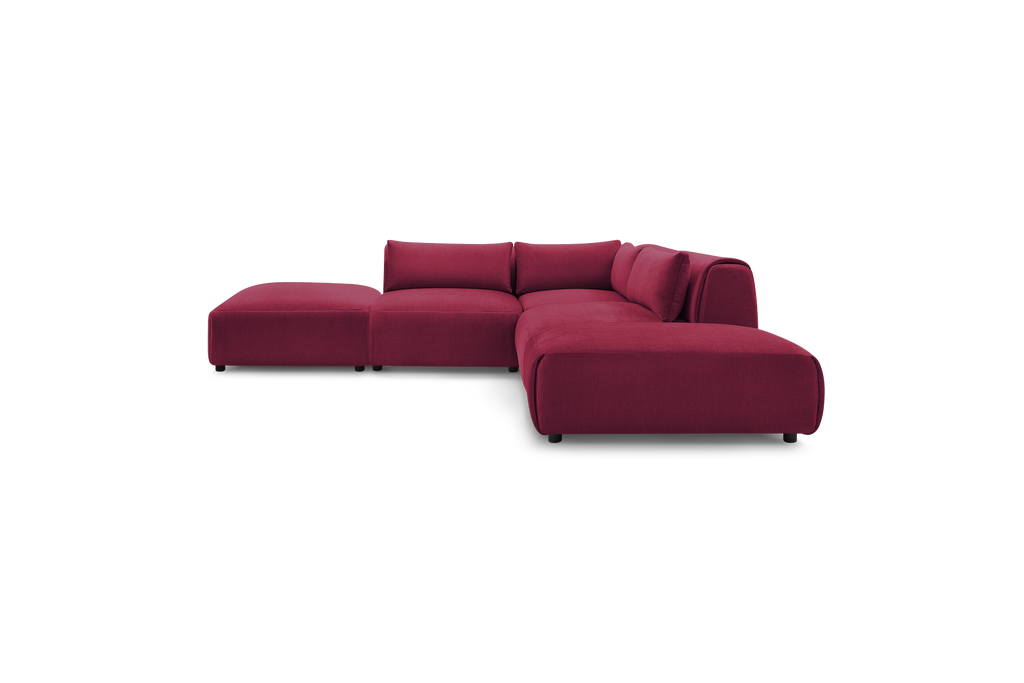 Jeanne - Canapé D'Angle Fixe Modulable - Tissu Velours Avec 2 Chauffeuses, 1 Angle Et 2 Poufs