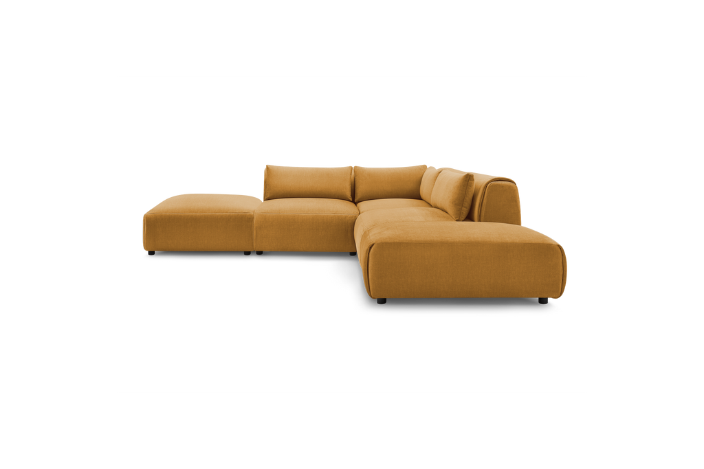 Jeanne - Canapé D'Angle Fixe Modulable - Tissu Velours Avec 2 Chauffeuses, 1 Angle Et 2 Poufs