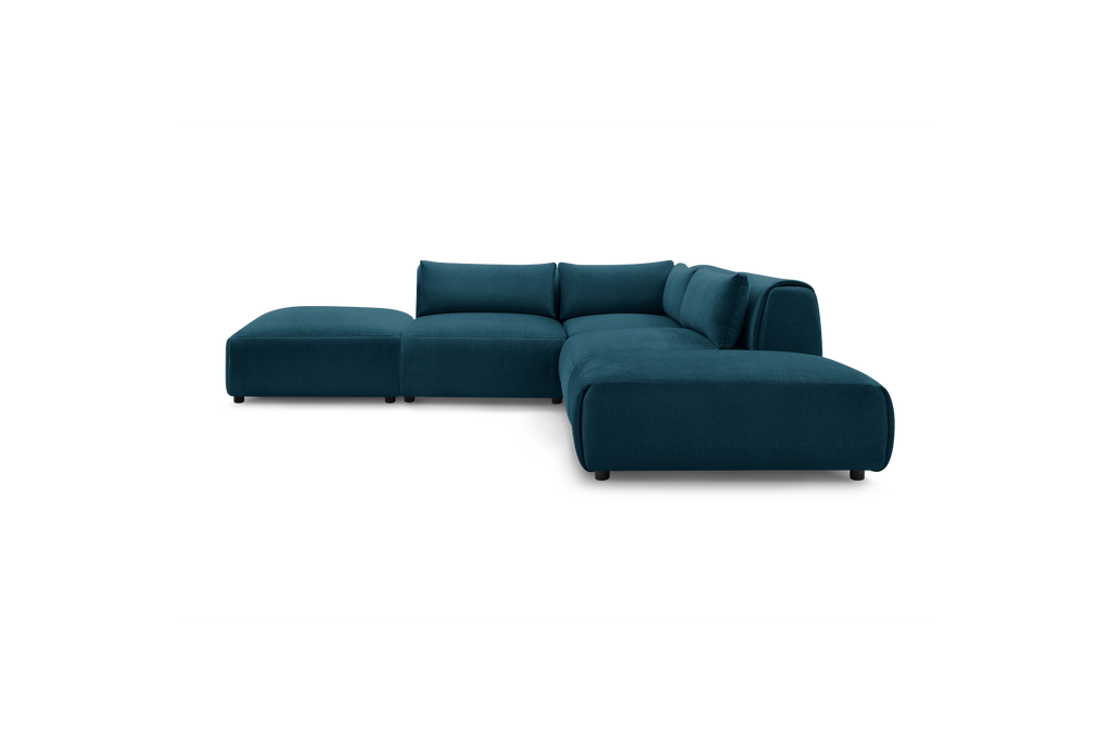 Jeanne - Canapé D'Angle Fixe Modulable - Tissu Velours Avec 2 Chauffeuses, 1 Angle Et 2 Poufs