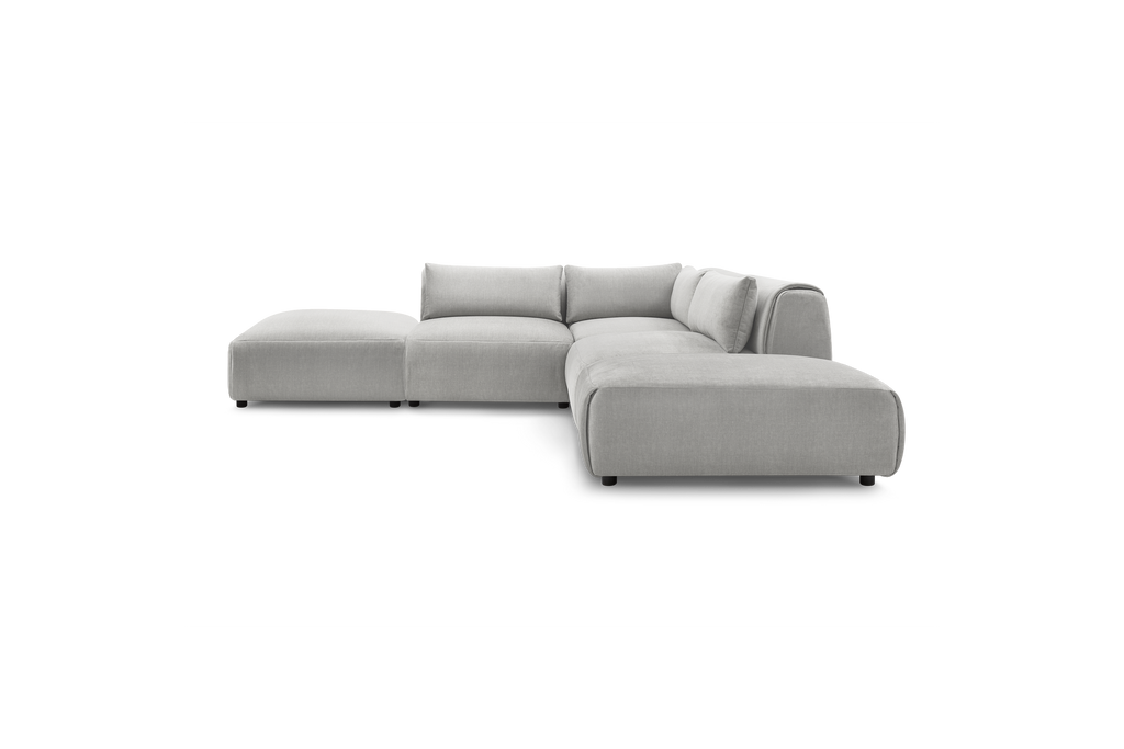 Jeanne - Canapé D'Angle Fixe Modulable - Tissu Velours Avec 2 Chauffeuses, 1 Angle Et 2 Poufs