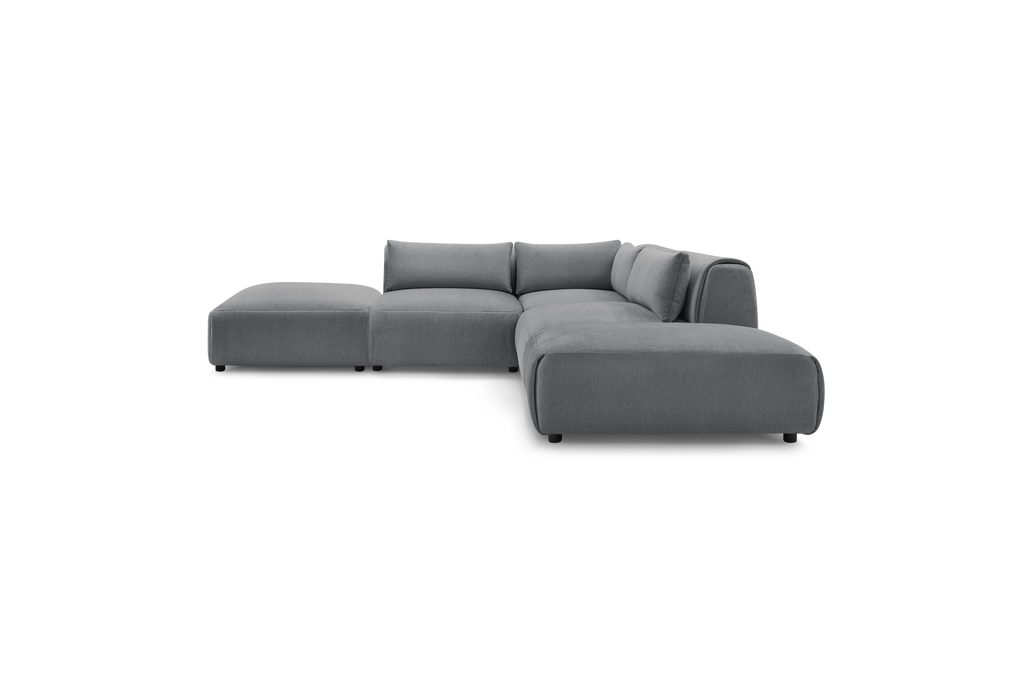 Jeanne - Canapé D'Angle Fixe Modulable - Tissu Velours Avec 2 Chauffeuses, 1 Angle Et 2 Poufs