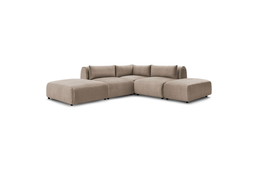 Jeanne - Canapé D'Angle Fixe Modulable - Tissu Velours Avec 2 Chauffeuses, 1 Angle Et 2 Poufs