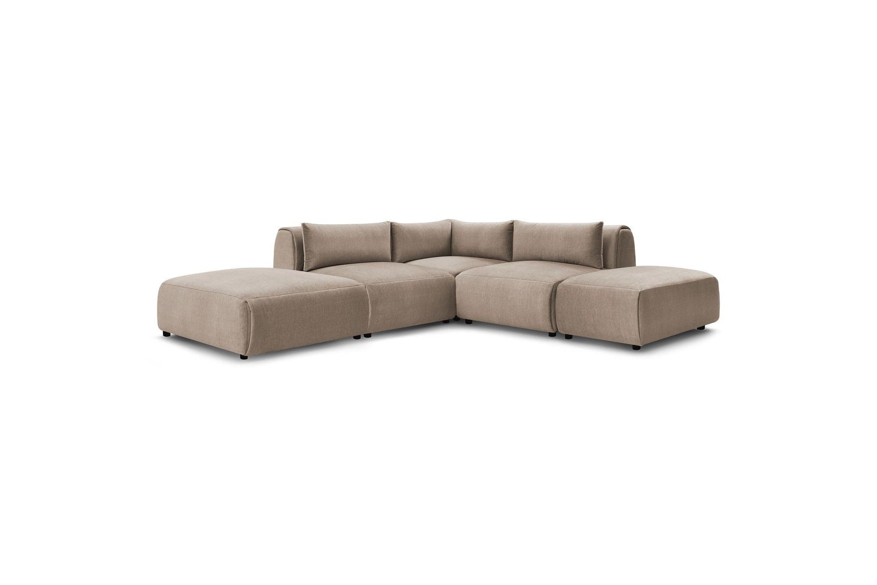 Jeanne - Canapé D'Angle Fixe Modulable - Tissu Velours Avec 2 Chauffeuses, 1 Angle Et 2 Poufs