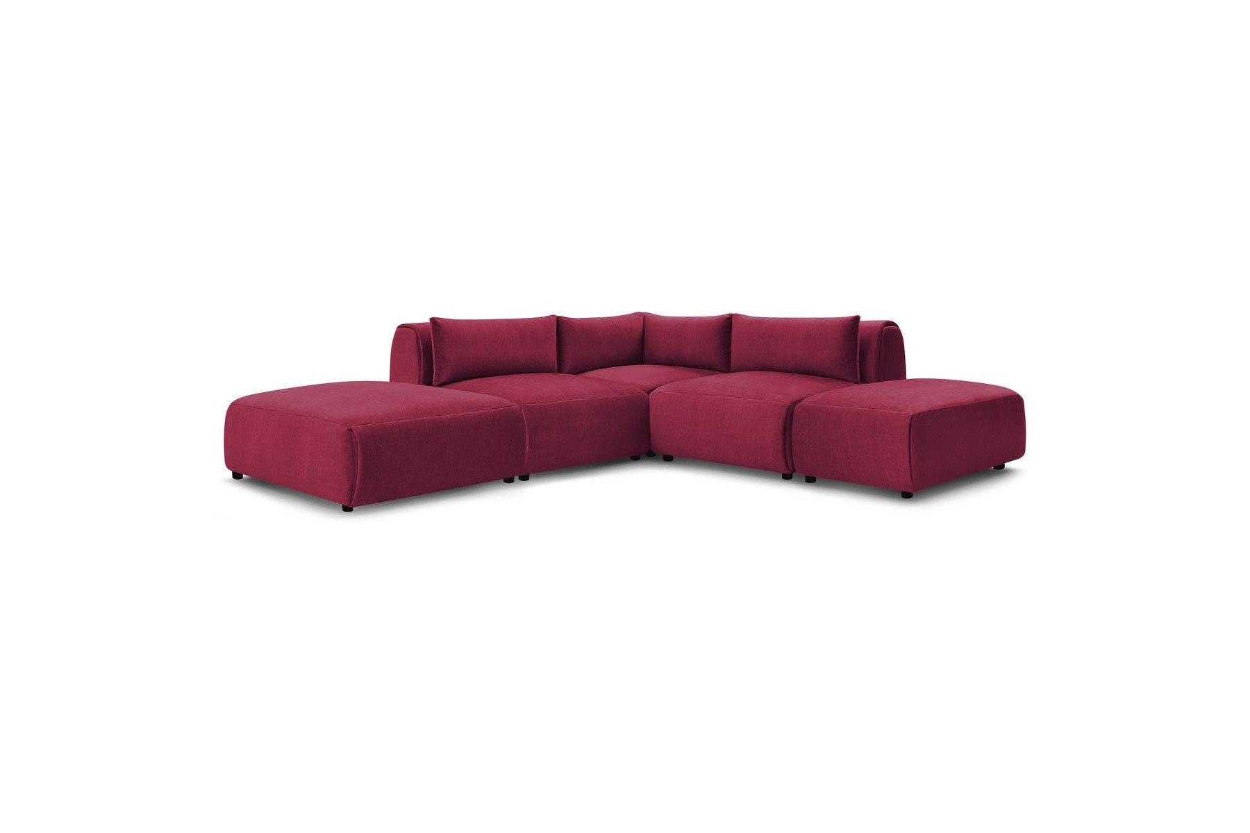 Jeanne - Canapé D'Angle Fixe Modulable - Tissu Velours Avec 2 Chauffeuses, 1 Angle Et 2 Poufs
