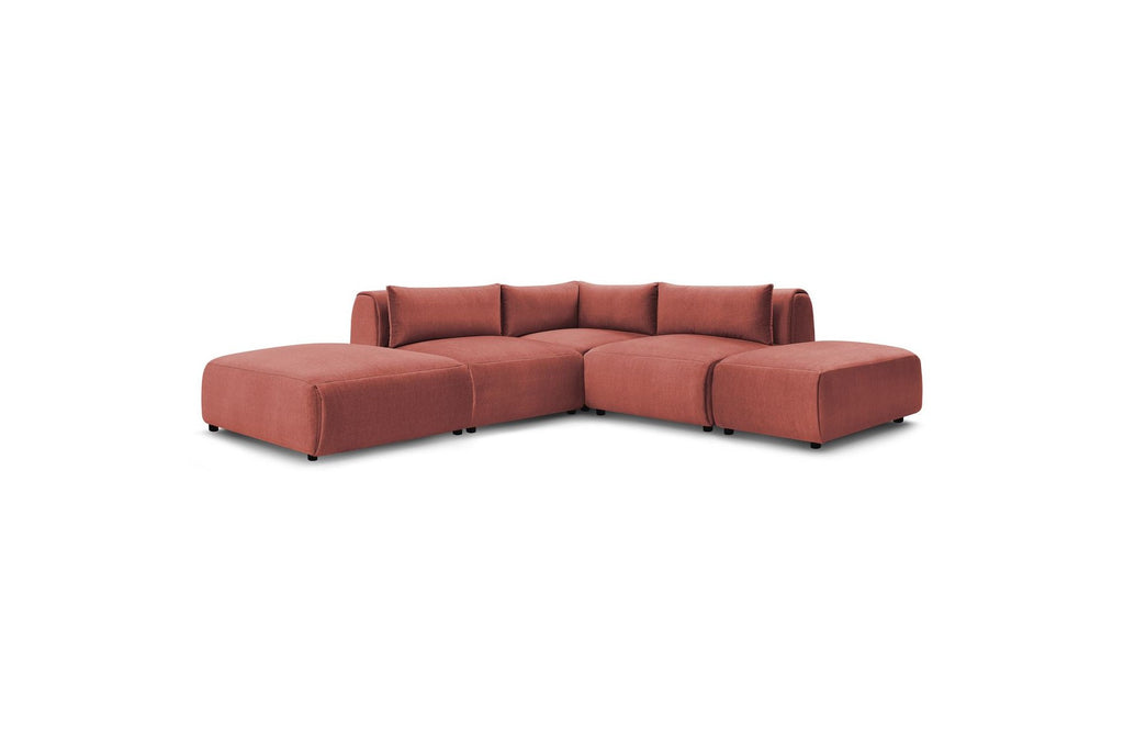 Jeanne - Canapé D'Angle Fixe Modulable - Tissu Velours Avec 2 Chauffeuses, 1 Angle Et 2 Poufs