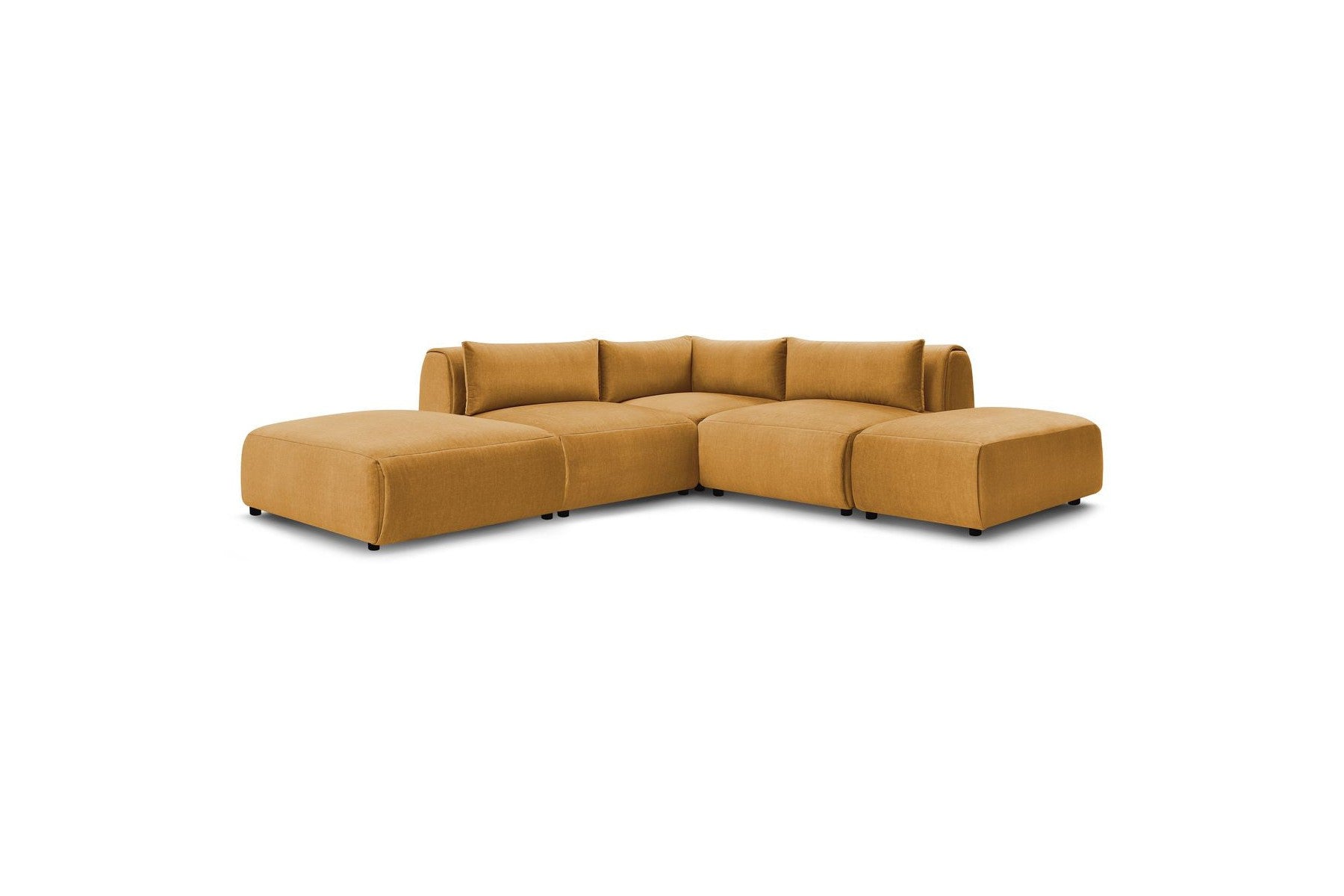 Jeanne - Canapé D'Angle Fixe Modulable - Tissu Velours Avec 2 Chauffeuses, 1 Angle Et 2 Poufs