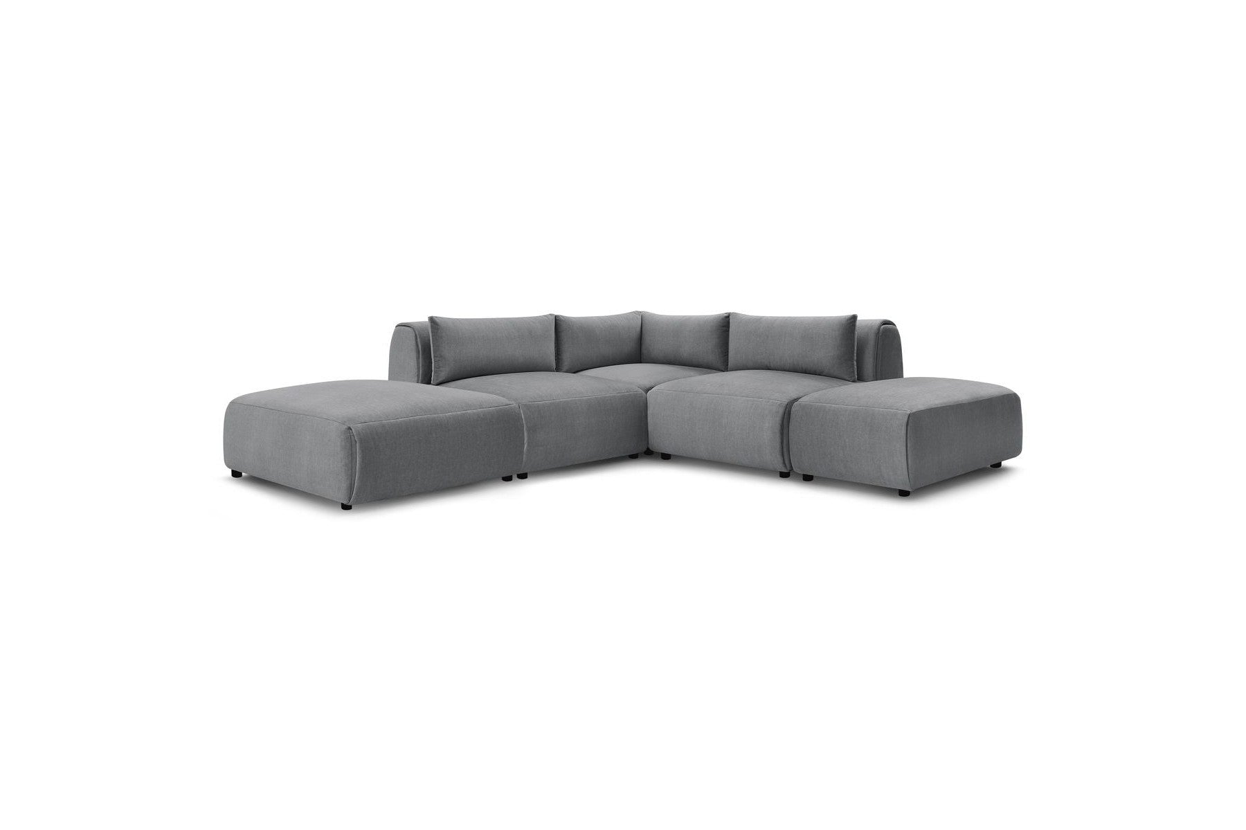 Jeanne - Canapé D'Angle Fixe Modulable - Tissu Velours Avec 2 Chauffeuses, 1 Angle Et 2 Poufs