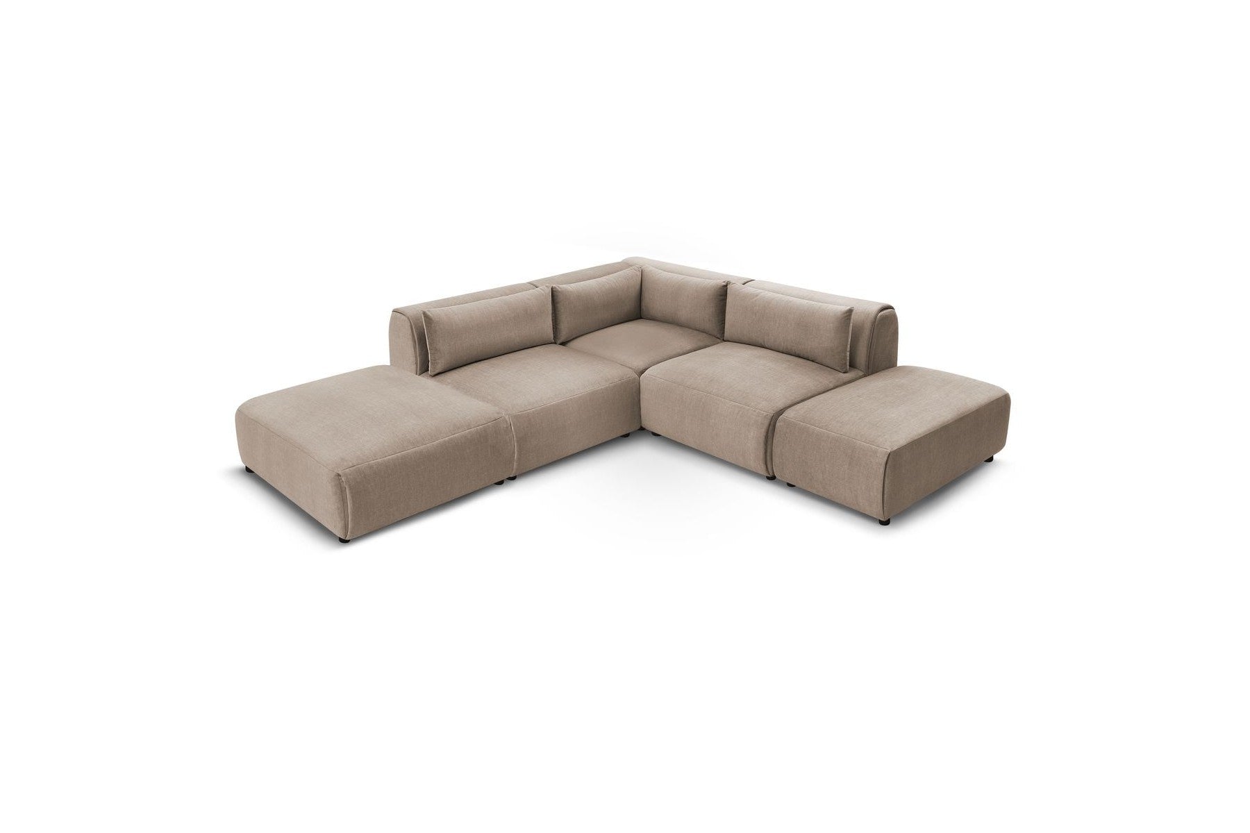 Jeanne - Canapé D'Angle Fixe Modulable - Tissu Velours Avec 2 Chauffeuses, 1 Angle Et 2 Poufs