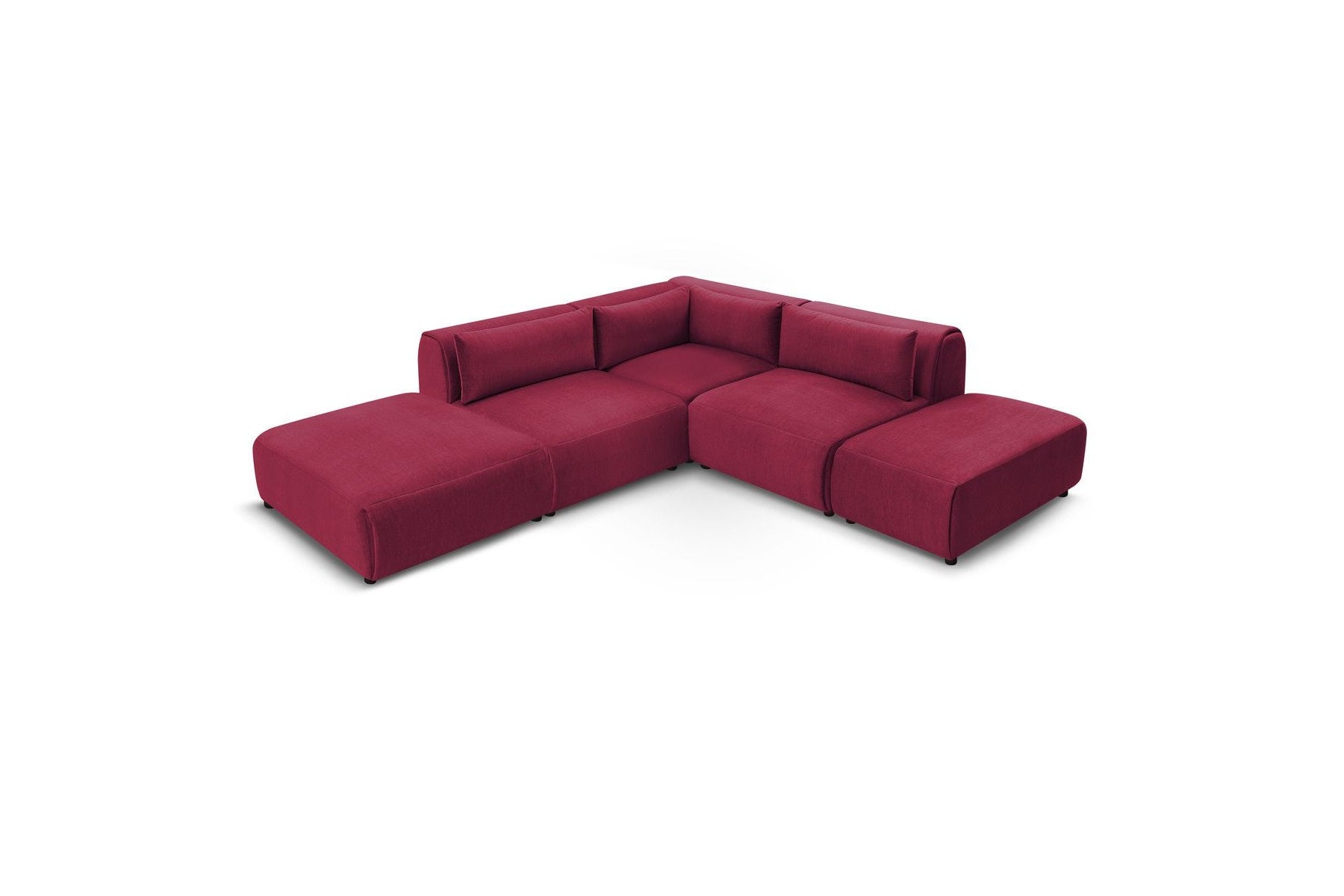 Jeanne - Canapé D'Angle Fixe Modulable - Tissu Velours Avec 2 Chauffeuses, 1 Angle Et 2 Poufs