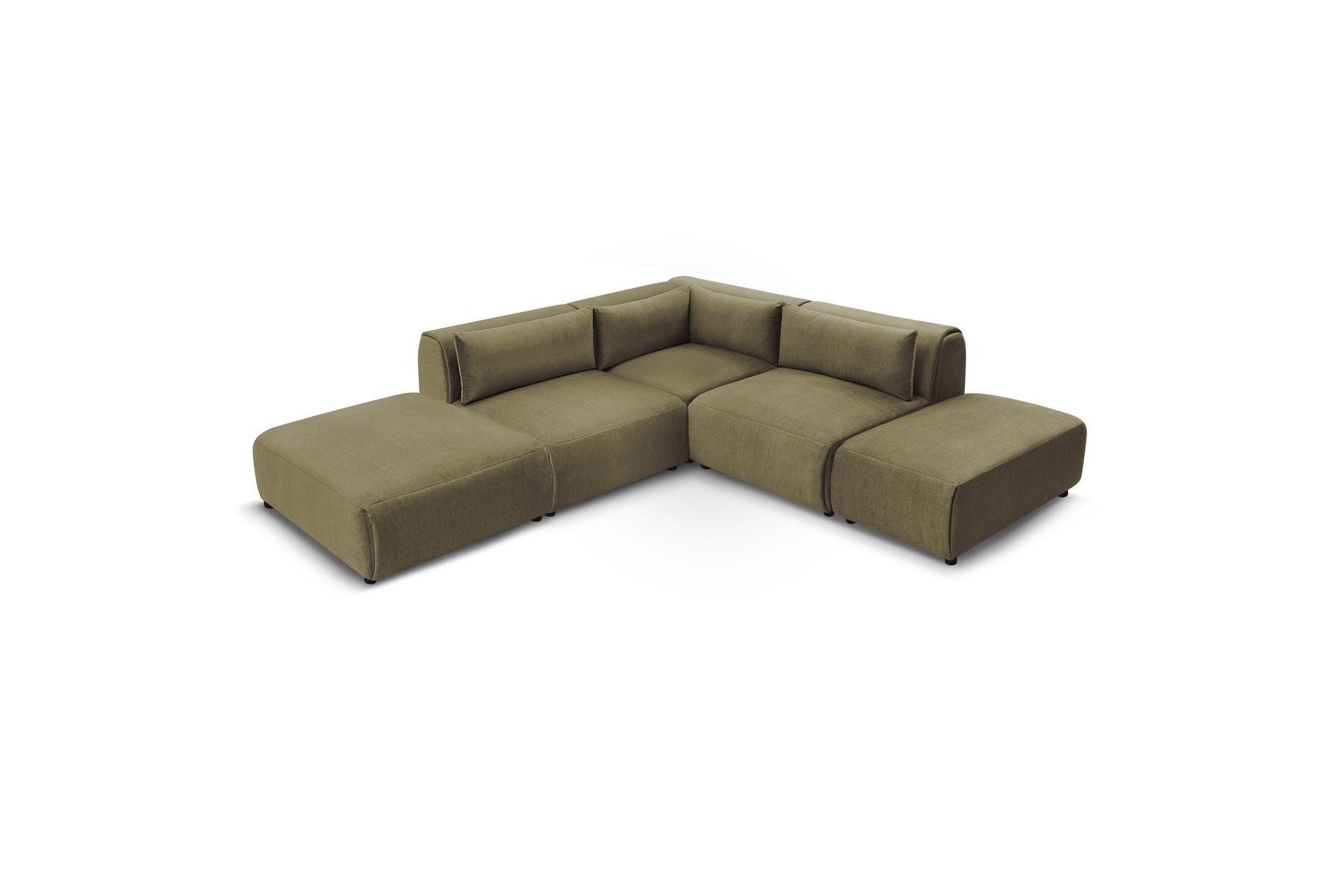 Jeanne - Canapé D'Angle Fixe Modulable - Tissu Velours Avec 2 Chauffeuses, 1 Angle Et 2 Poufs