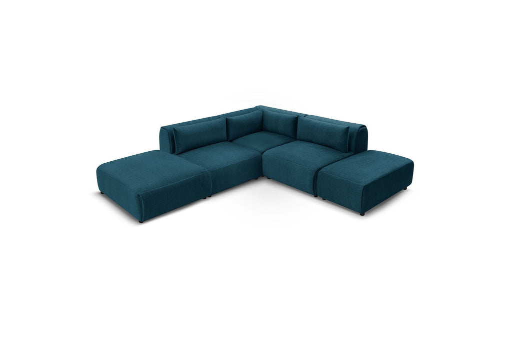 Jeanne - Canapé D'Angle Fixe Modulable - Tissu Velours Avec 2 Chauffeuses, 1 Angle Et 2 Poufs