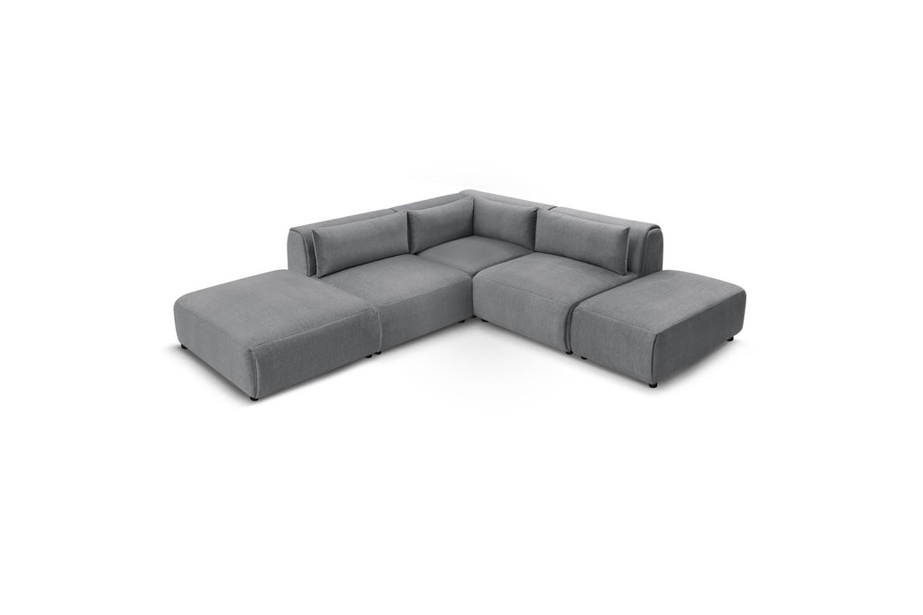 Jeanne - Canapé D'Angle Fixe Modulable - Tissu Velours Avec 2 Chauffeuses, 1 Angle Et 2 Poufs