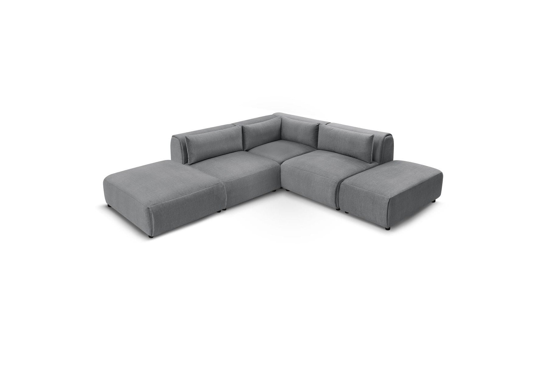 Jeanne - Canapé D'Angle Fixe Modulable - Tissu Velours Avec 2 Chauffeuses, 1 Angle Et 2 Poufs