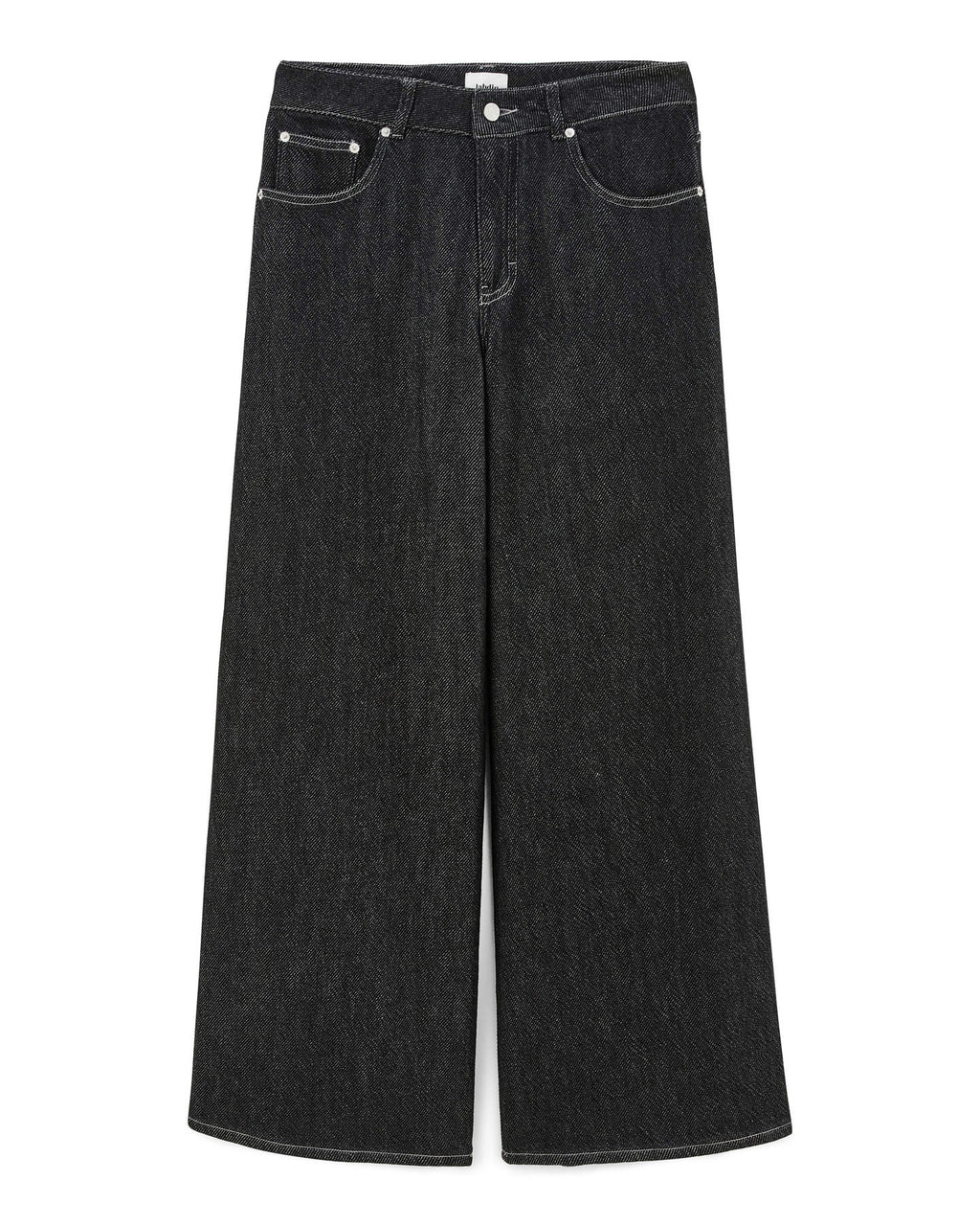 Jean femme en denim coton de couleur gris foncé, coupe large et droite, offrant un style confortable et adaptable à toutes les morphologies.