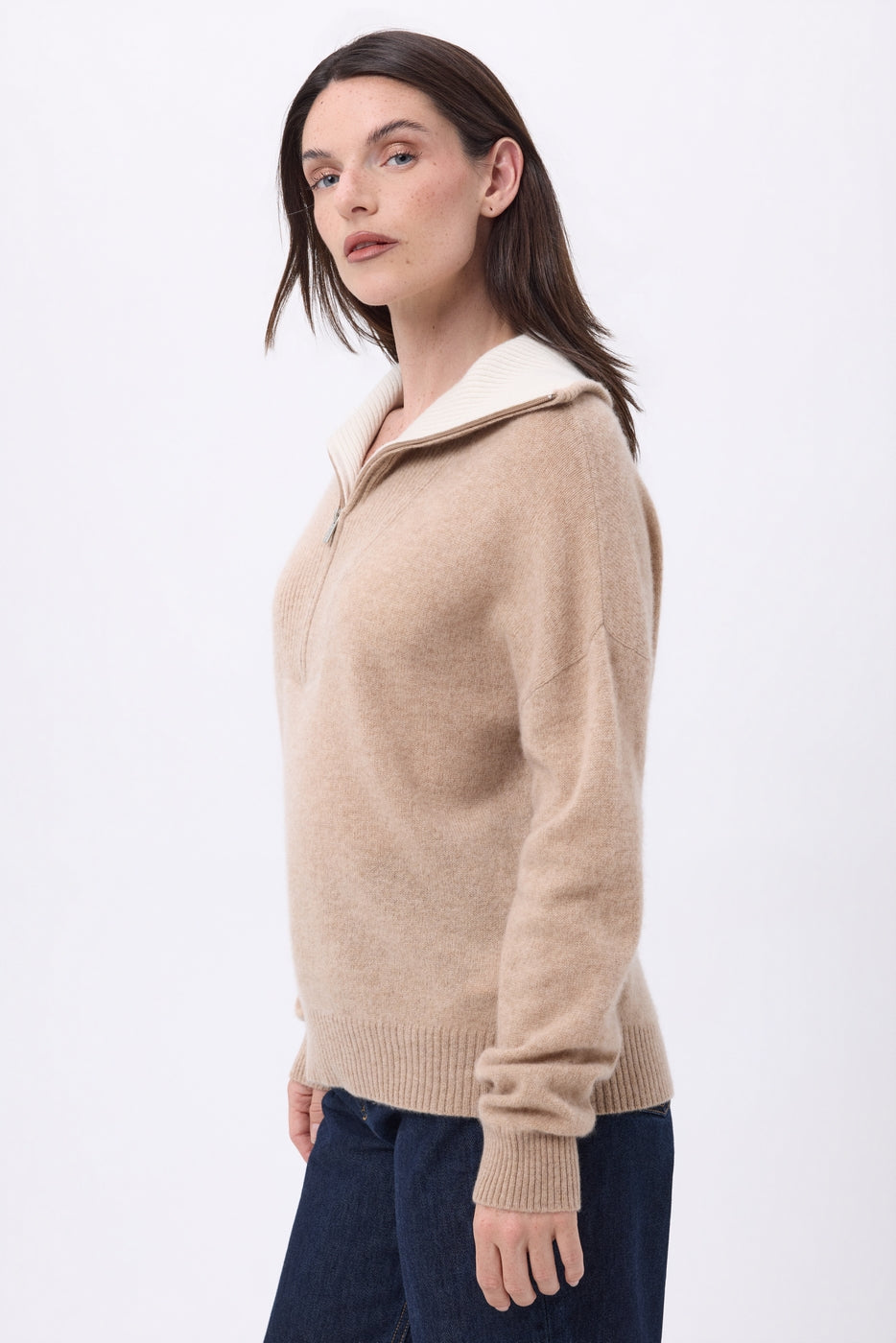 Jumper With Large Zipped High Neck Kalon - Cream Beige - Women - 100% Cashmere