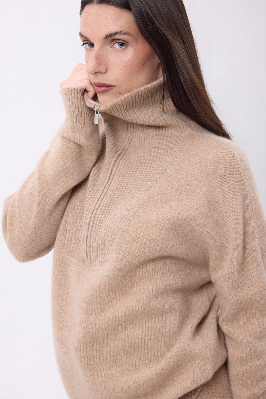 Jumper With Large Zipped High Neck Kalon - Cream Beige - Women - 100% Cashmere