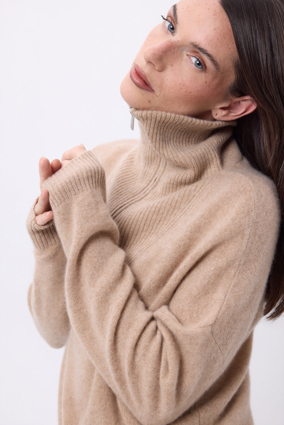 Jumper With Large Zipped High Neck Kalon - Cream Beige - Women - 100% Cashmere