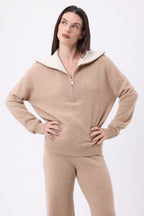 Jumper With Large Zipped High Neck Kalon - Cream Beige - Women - 100% Cashmere