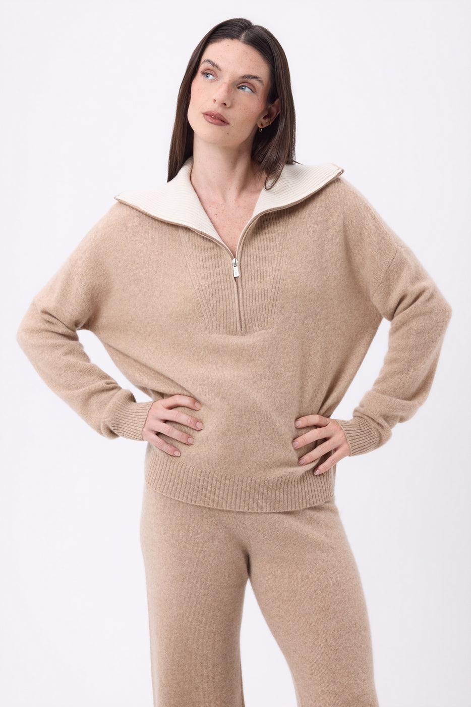 Jumper With Large Zipped High Neck Kalon - Cream Beige - Women - 100% Cashmere