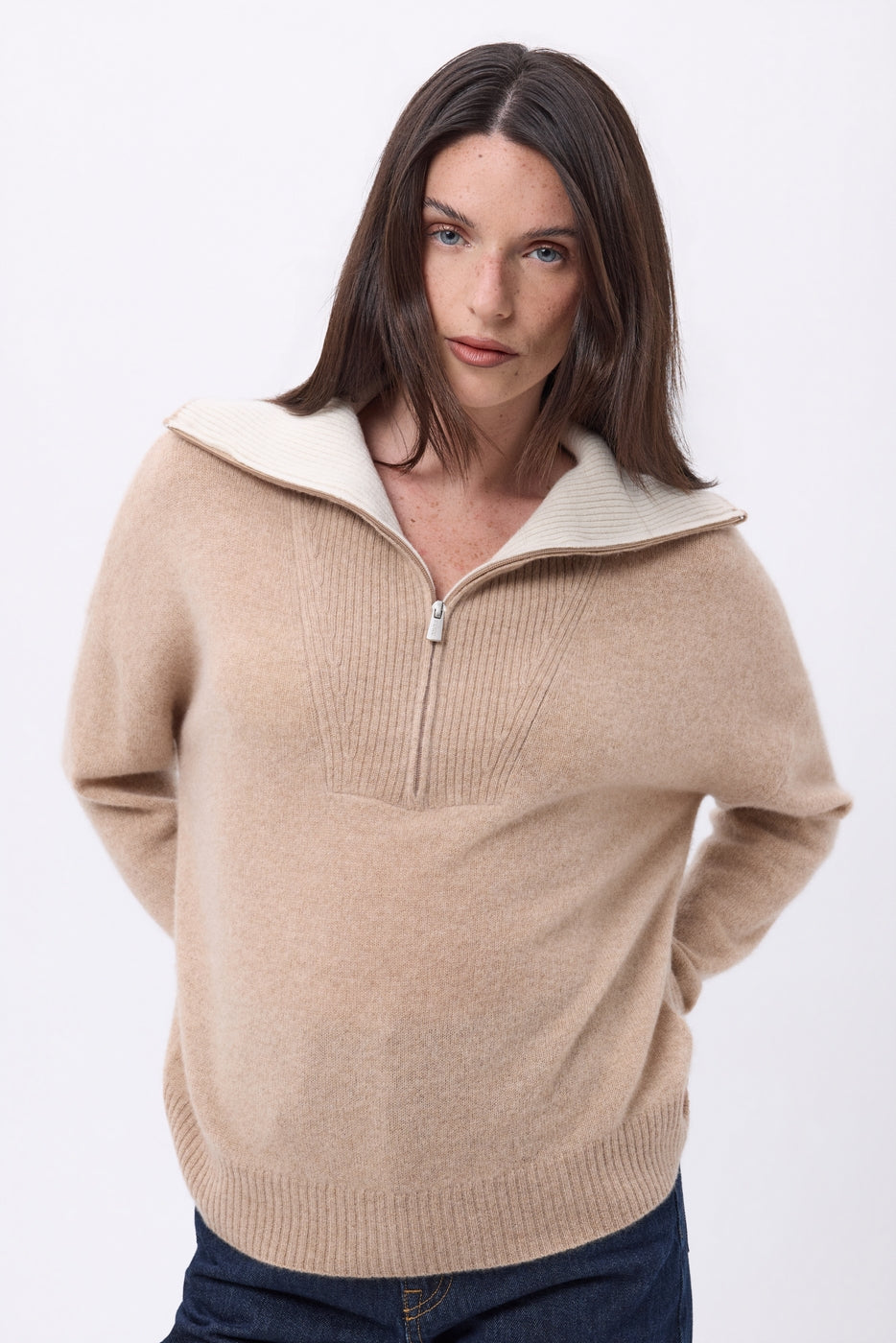 Jumper With Large Zipped High Neck Kalon - Cream Beige - Women - 100% Cashmere