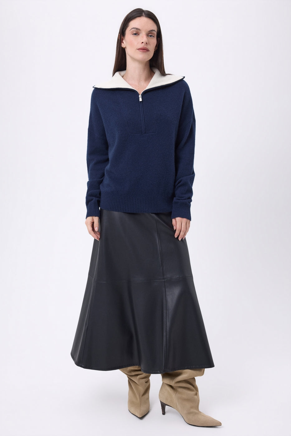 Kalon Large Zip High Collar Jumper - Navy Blue - Women
