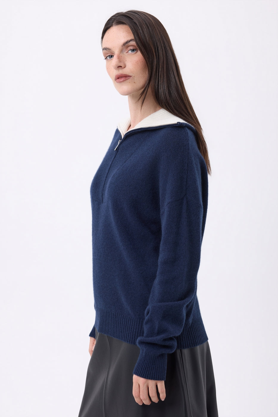 Kalon Large Zip High Collar Jumper - Navy Blue - Women