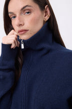 Kalon Large Zip High Collar Jumper - Navy Blue - Women