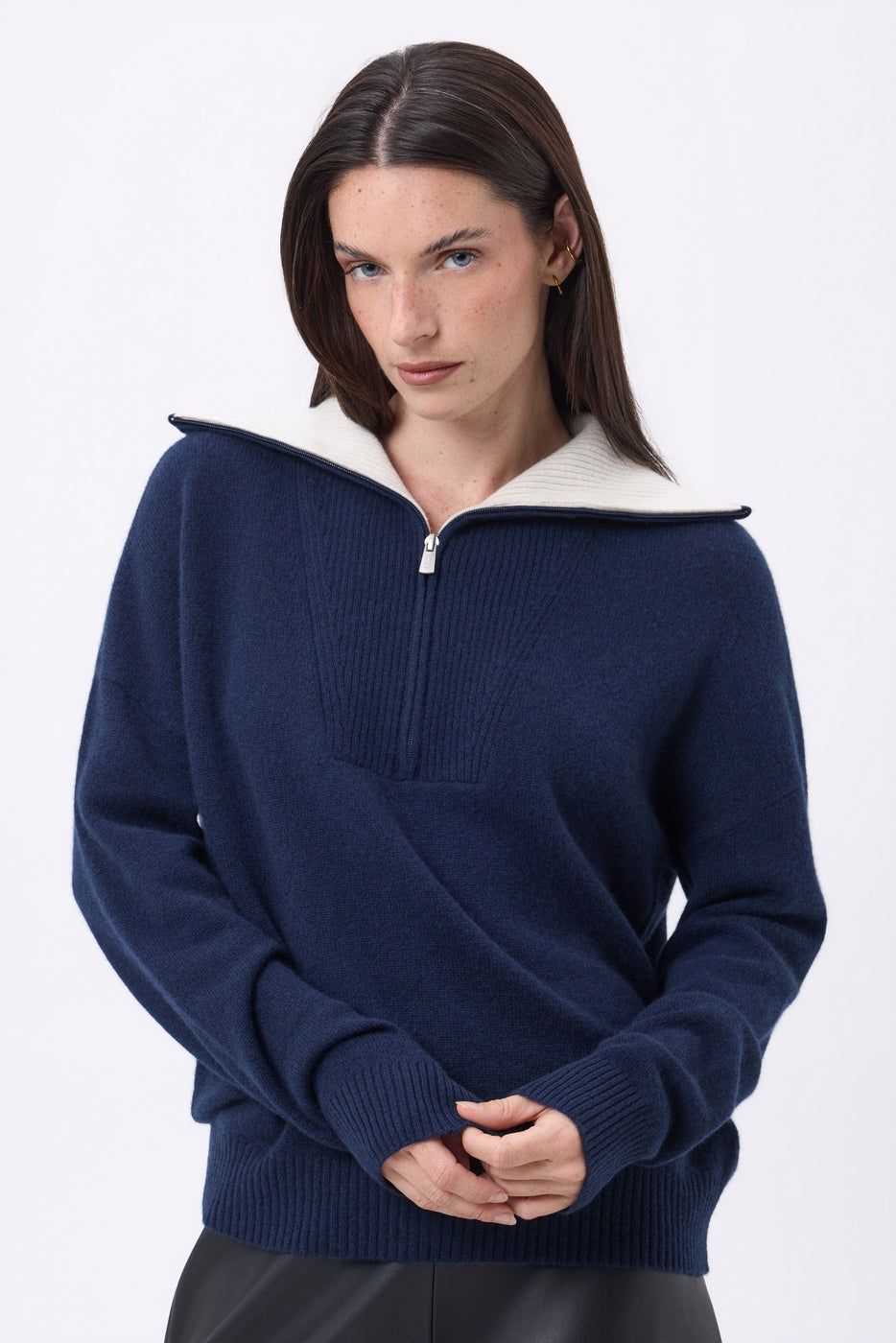 Kalon Large Zip High Collar Jumper - Navy Blue - Women