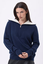 Kalon Large Zip High Collar Jumper - Navy Blue - Women