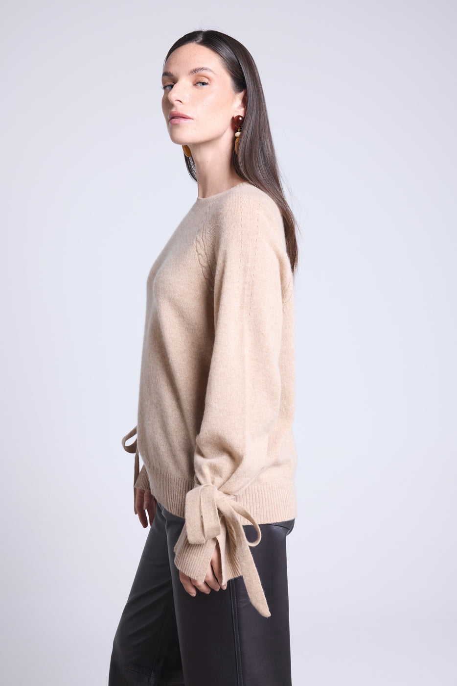 Pull Col Rond Noeud Poignets Kelly - Beige Creme - Femme
