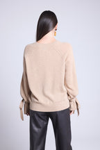 Pull Col Rond Noeud Poignets Kelly - Beige Creme - Femme - 100% Cachemire