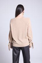 Pull Col Rond Noeud Poignets Kelly - Beige Creme - Femme
