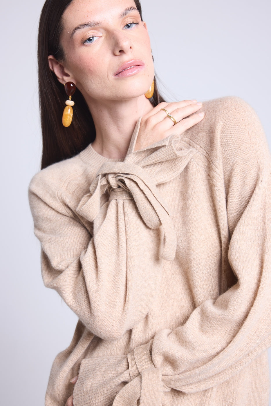 Pull Col Rond Noeud Poignets Kelly - Beige Creme - Femme