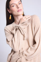 Pull Col Rond Noeud Poignets Kelly - Beige Creme - Femme