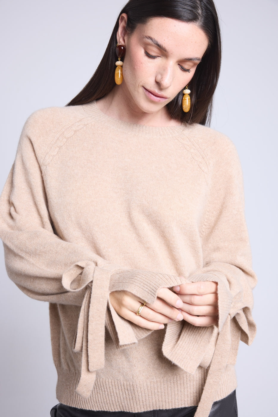 Pull Col Rond Noeud Poignets Kelly - Beige Creme - Femme