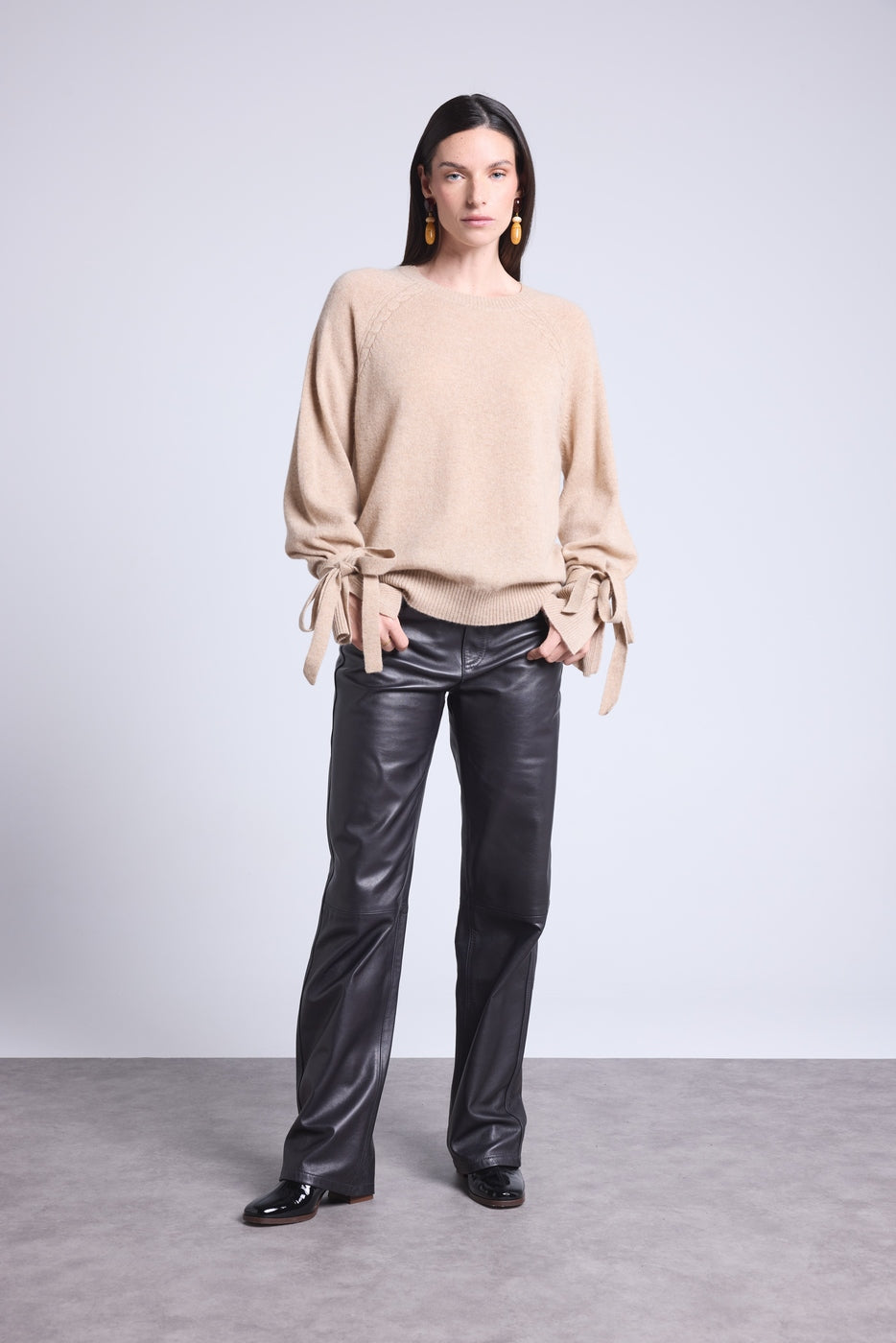 Pull Col Rond Noeud Poignets Kelly - Beige Creme - Femme