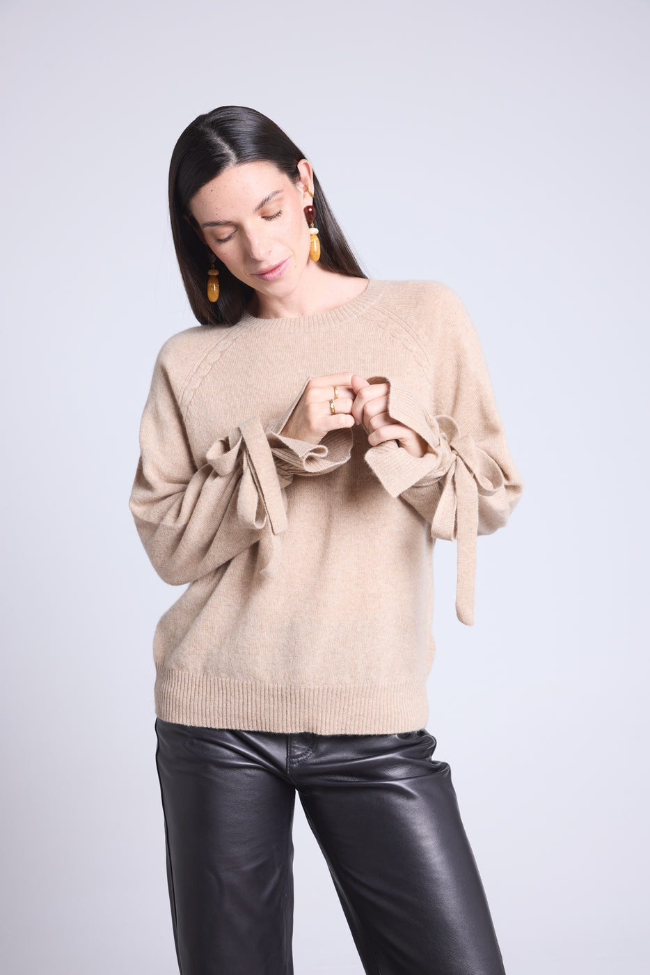 Pull Col Rond Noeud Poignets Kelly - Beige Creme - Femme