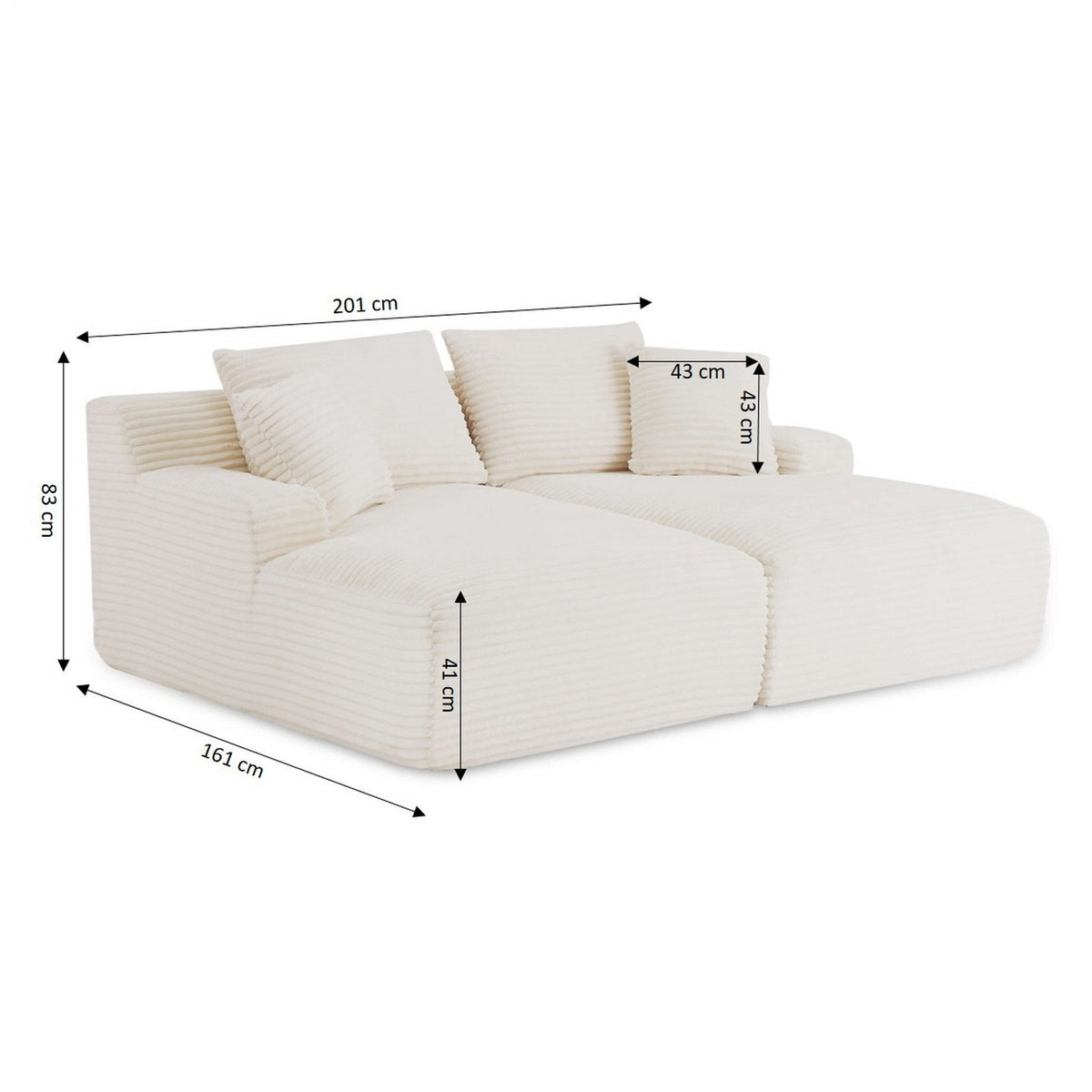 Kenedy - Divano lineare profondo, fisso e compresso, a 3 posti - Velluto a coste - Beige