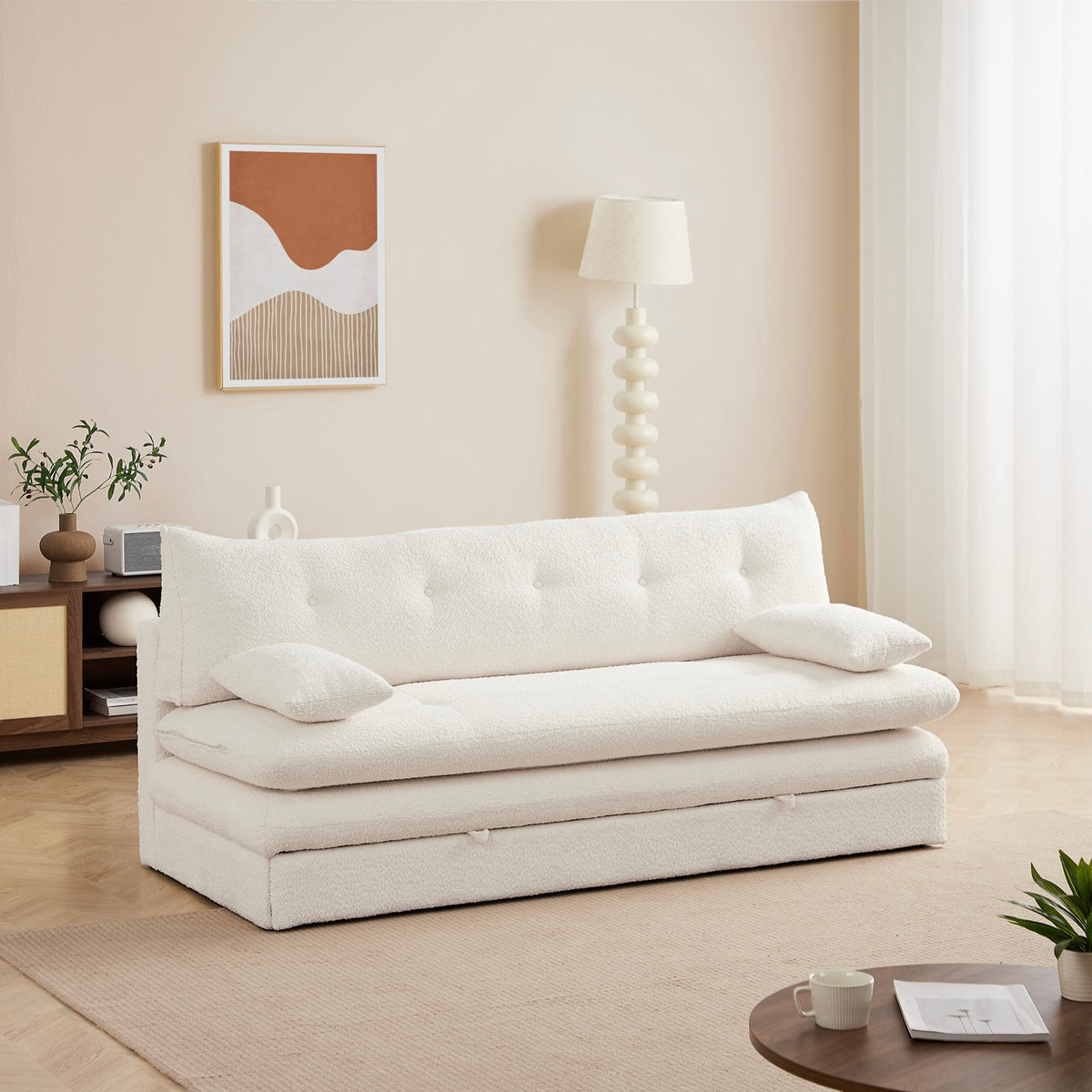 Kiara - Sofá cama de 3 plazas - Tela bouclé beige