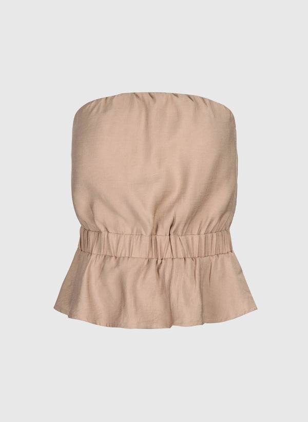An'ge – Top Kitrina Hazelnoot, lichtbeige bustiertop met elastische taille en uitlopende onderkant