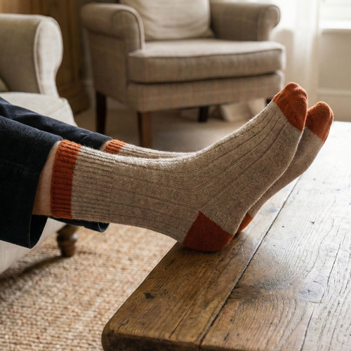 Chaussettes En Laine Mérinos Avec Bandes - Beige Et Orange