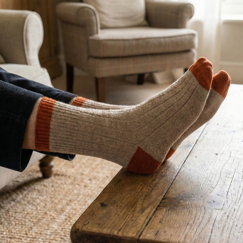 Chaussettes En Laine Mérinos Avec Bandes - Beige Et Orange
