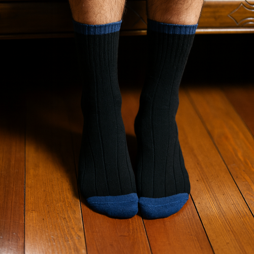 Chaussettes En Laine Mérinos Avec Bandes - Noir Et Bleu